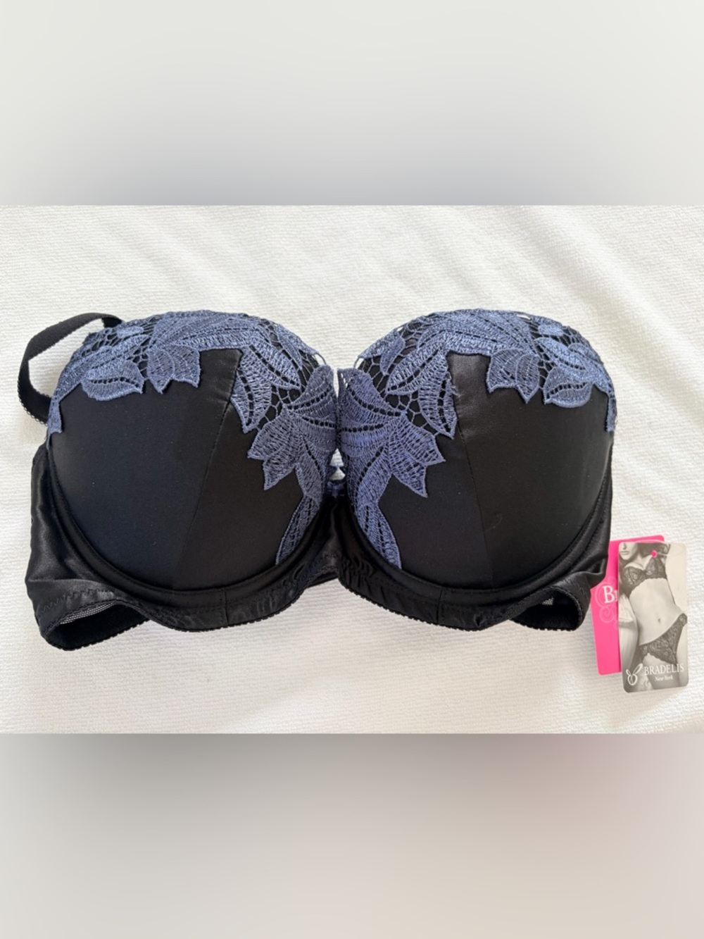 Bradelis Black Bra with Slate-Blue Lace Appliqué - Made in Japan